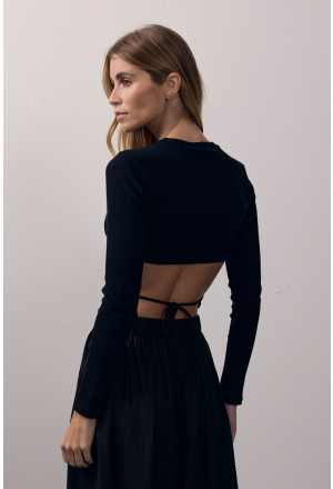 BLUSA DECOTE COSTAS AMARRAÇÃO CANELADA PRETO