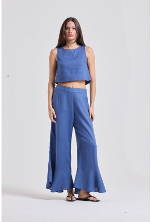 CALÇA BABADOS LINHO AZUL