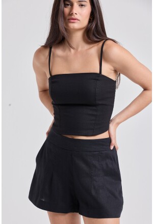 BLUSA ALÇA RECORTES LINHO PRETO