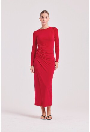 VESTIDO MANGA DRAPEADO VERMELHO