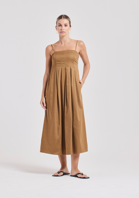 VESTIDO MIDI PREGAS MARROM