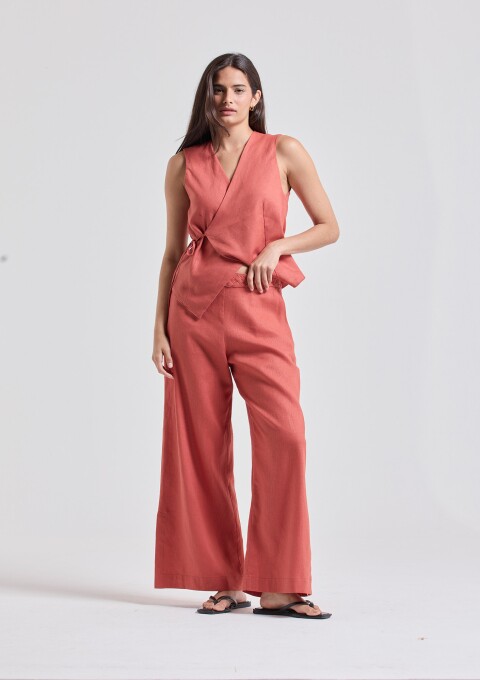 CALÇA TRANÇAS FENDA LINHO TELHA