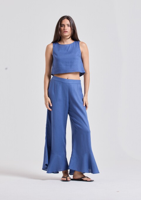 CALÇA BABADOS LINHO AZUL