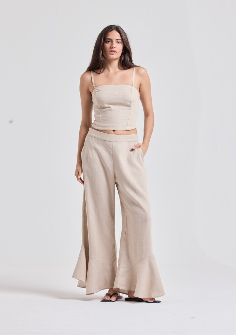 BLUSA ALÇA RECORTES LINHO AREIA