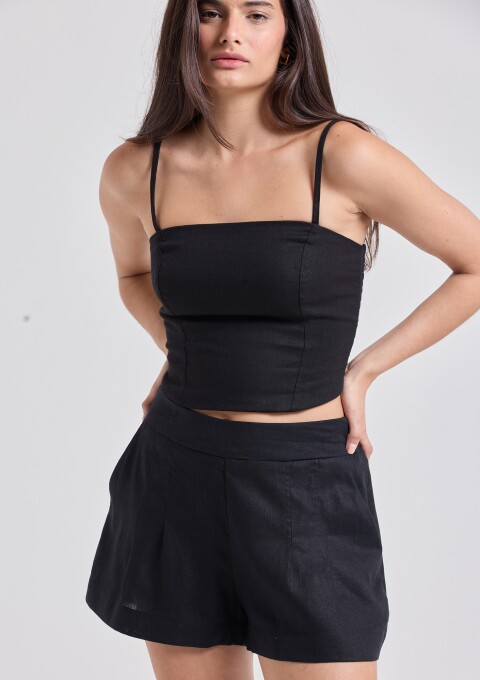 BLUSA ALÇA RECORTES LINHO PRETO