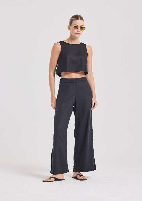 CALÇA TRANÇAS FENDA LINHO PRETO