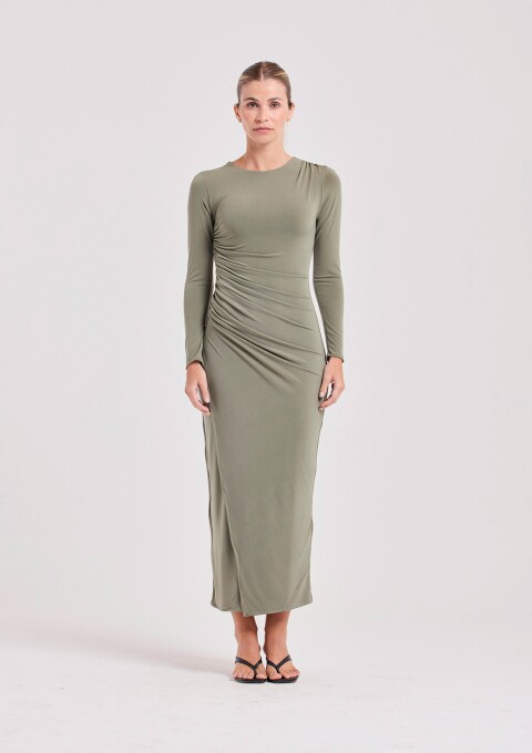 VESTIDO MANGA DRAPEADO VERDE MILITAR