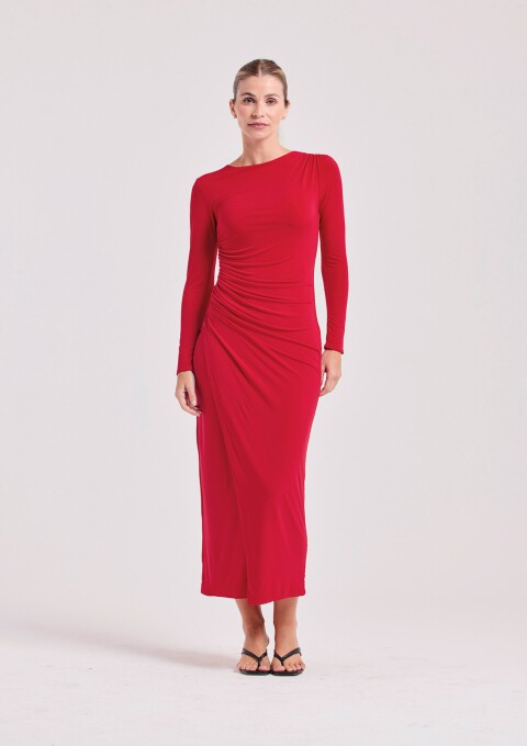 VESTIDO MANGA DRAPEADO VERMELHO