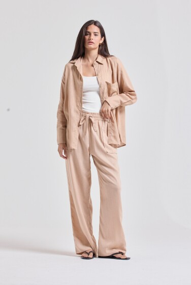 CALÇA RETA BOLSO CAMBRAIA BEGE