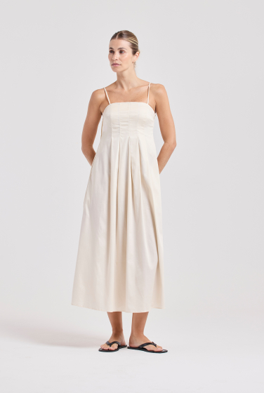 VESTIDO MIDI PREGAS AVEIA