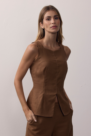 BLUSA ACINTURADA LINHO MARROM