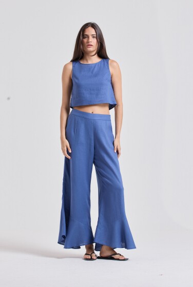 CALÇA BABADOS LINHO AZUL